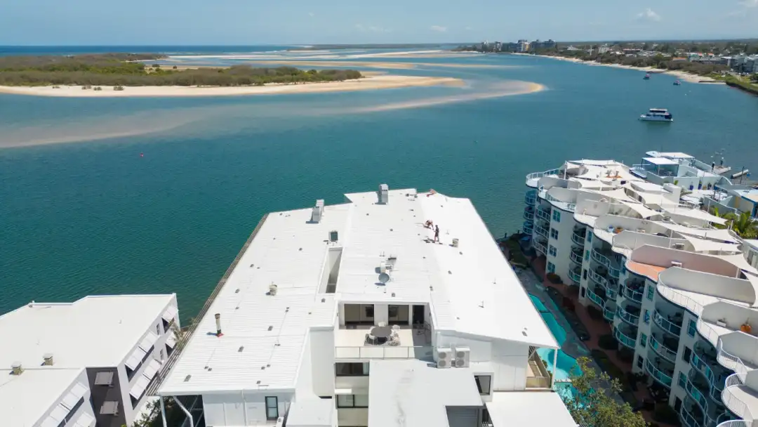 Aerial view of a completed Sunshine Coast roof restoration