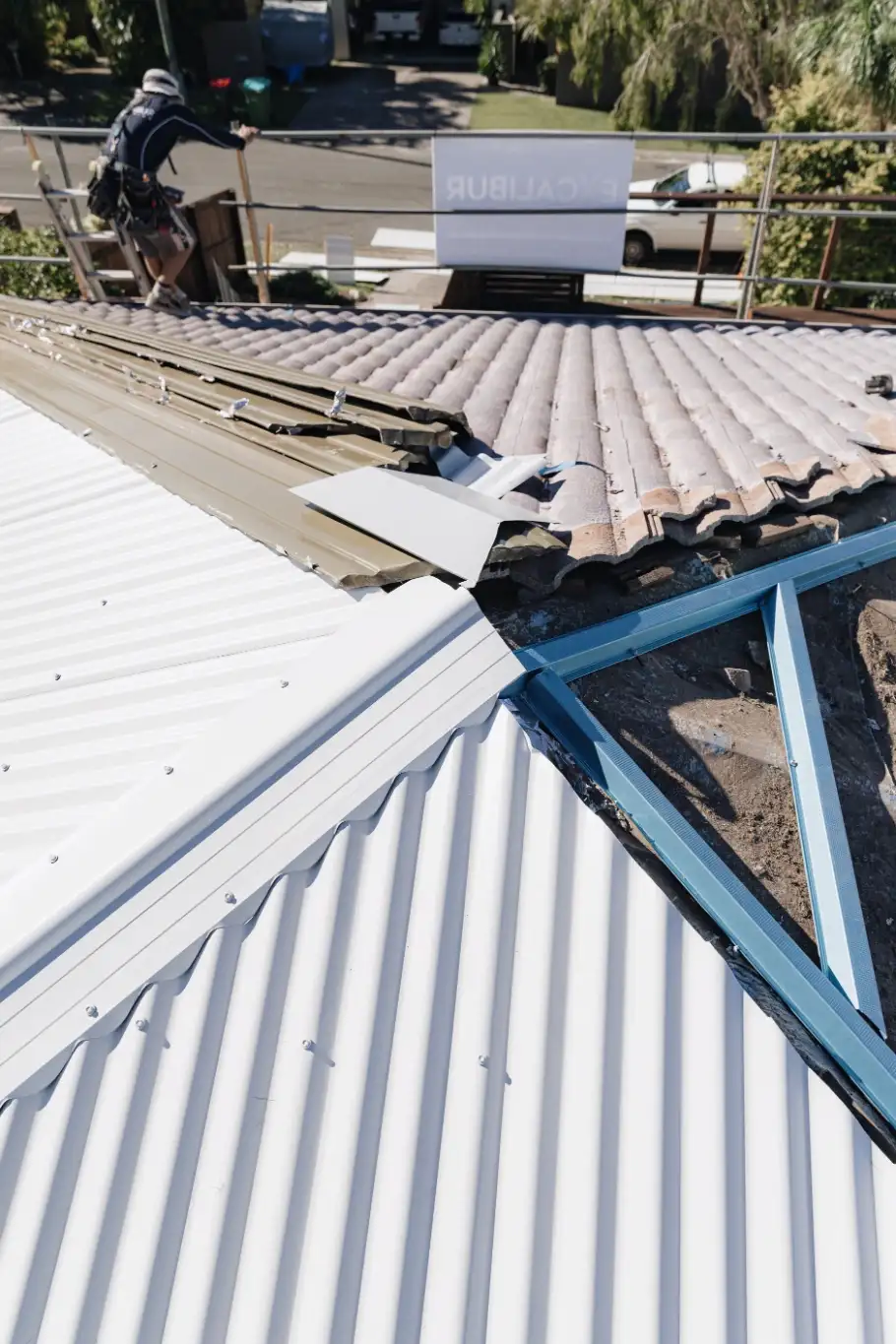 Tile-to-metal roof conversion in progress on a Sunshine Coast home